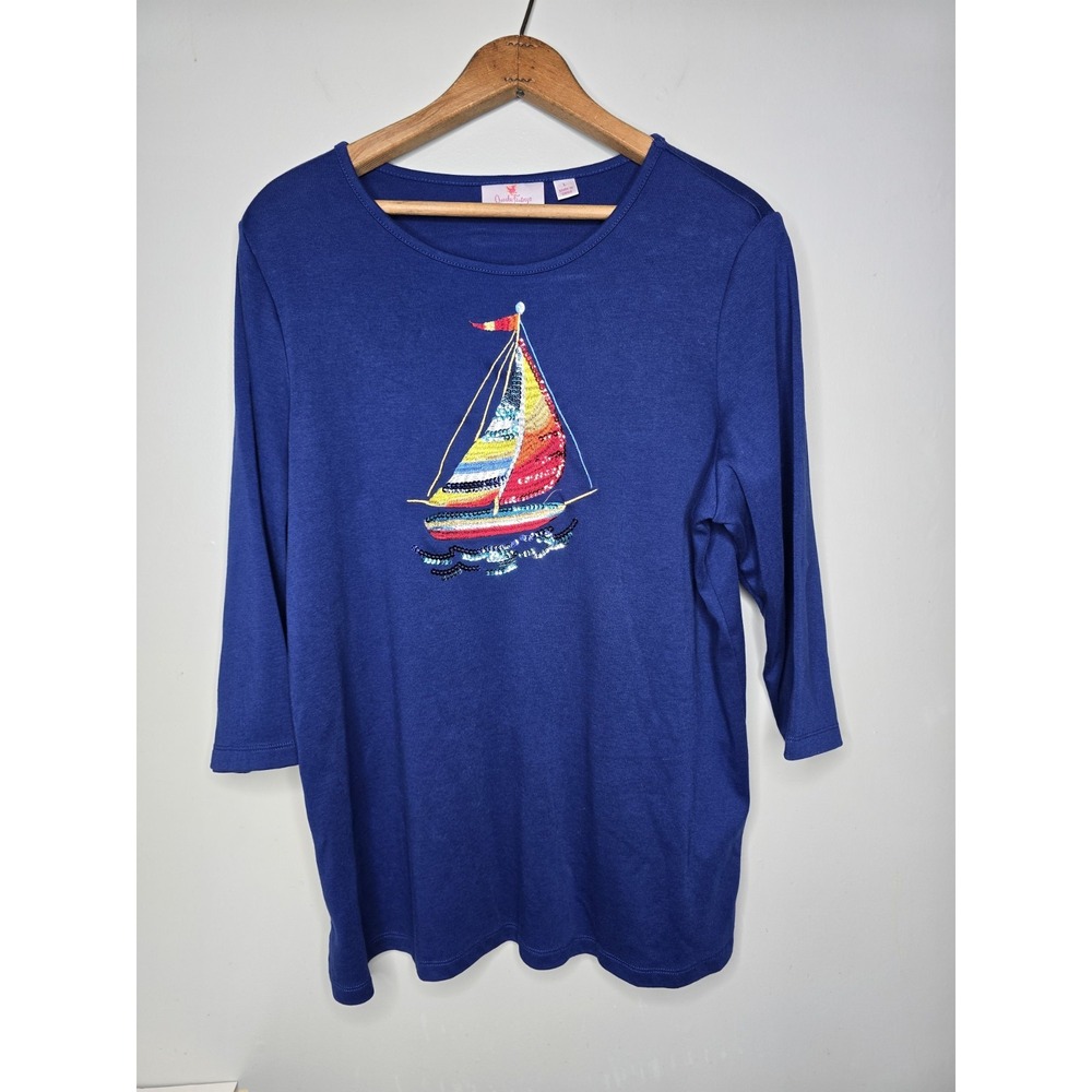 Quacker Factory Womens Nautical Shirt Navy Blue Sailboat Sequins 3/4 Sleeve L